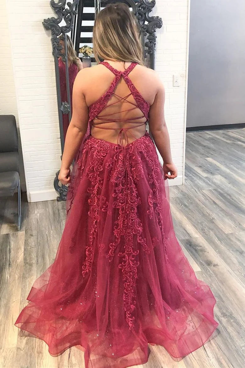Vestido de fiesta sin mangas con encaje bordado en forma de A
